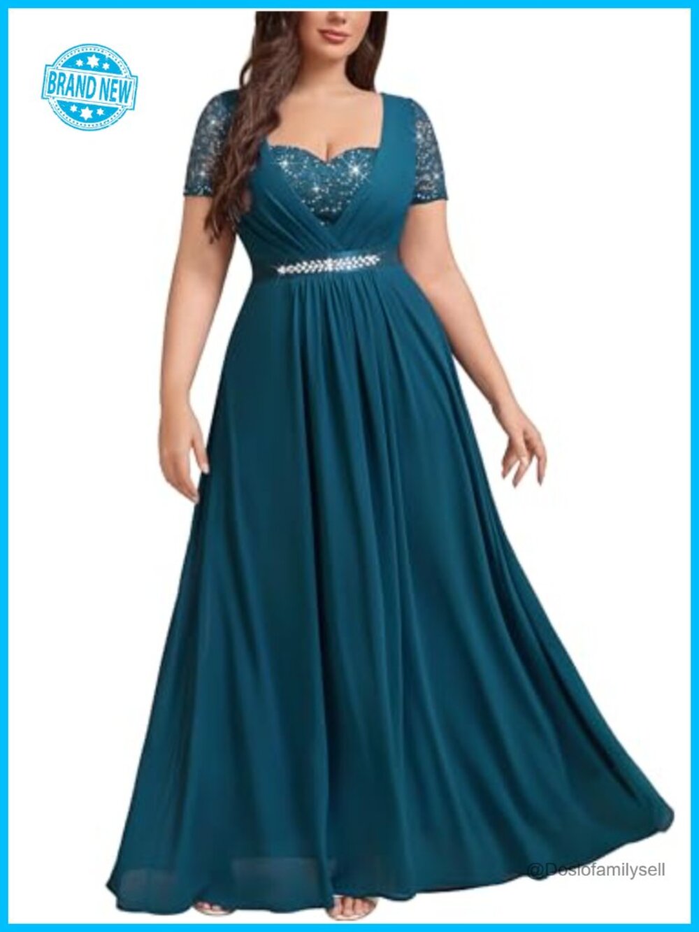 Plus Size Sequin Lace Chiffon Formal Maxi Prom Dress V-Neck A-Line